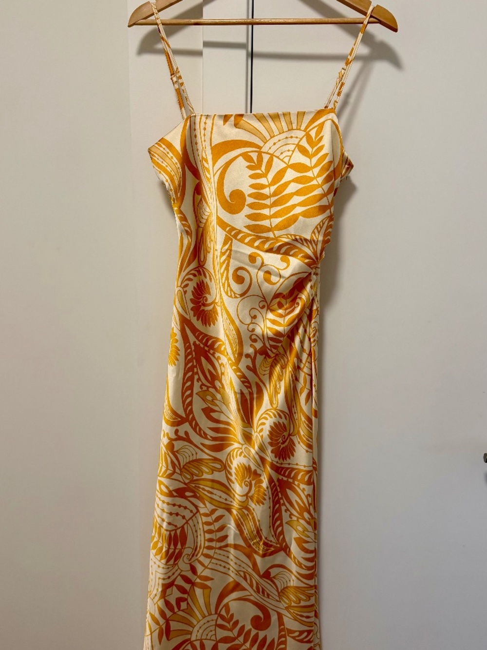 NWOT Yellow Retro Floral Satin Cowl Neck Midi Slip Dress